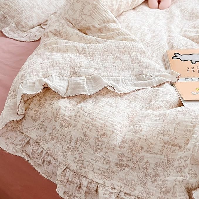 BuLuTu Muslin Cotton Kids Toddler Duvet Cover for Girls Boys Baby Crib Duvet Covers with Zipper Closure, 47"x59", Flower & Rabbit Print (No Pillow Cases)