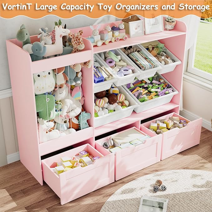 VortinT Kids Stuffed Animal Storage, 50.6" W Large Toy Organizer Shelf with 6 Plastic Bins, 3 Rolling Box, Wooden Toddler Toy Bookshelf Organization Shelves for Play Room, Nursery (Pink)