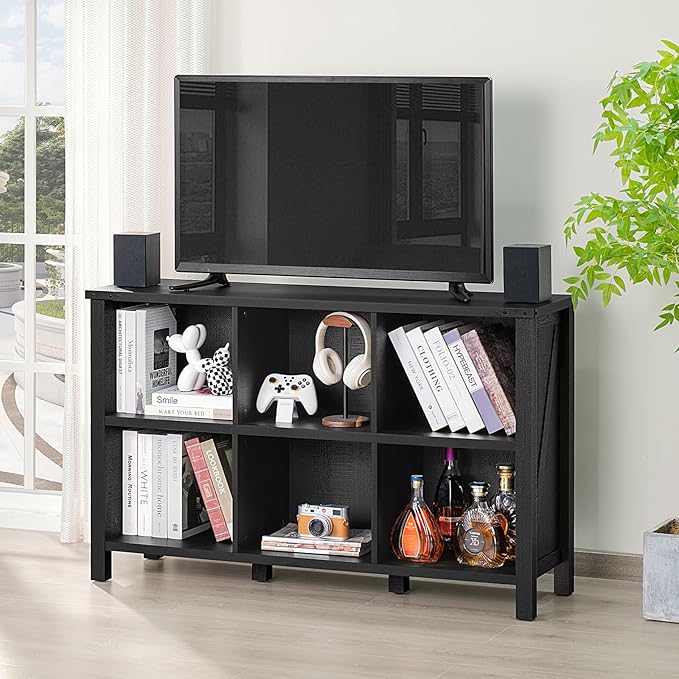 Joaxswe 6 Cube Bookcase, Farmhouse Wood Low Storage Organizer Book Shelf, Black 47" Horizontal Console Bookshelf with Legs, Hallway Book Case for Entryway, Display Cabinet for Living Room, Office