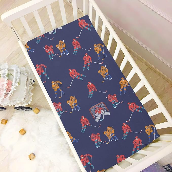 Hockey Players Blue Crib Sheets Soft Breathable Fitted Baby Crib Sheets Mattress Cover for Girl Boys, 52" x 28" x 9"