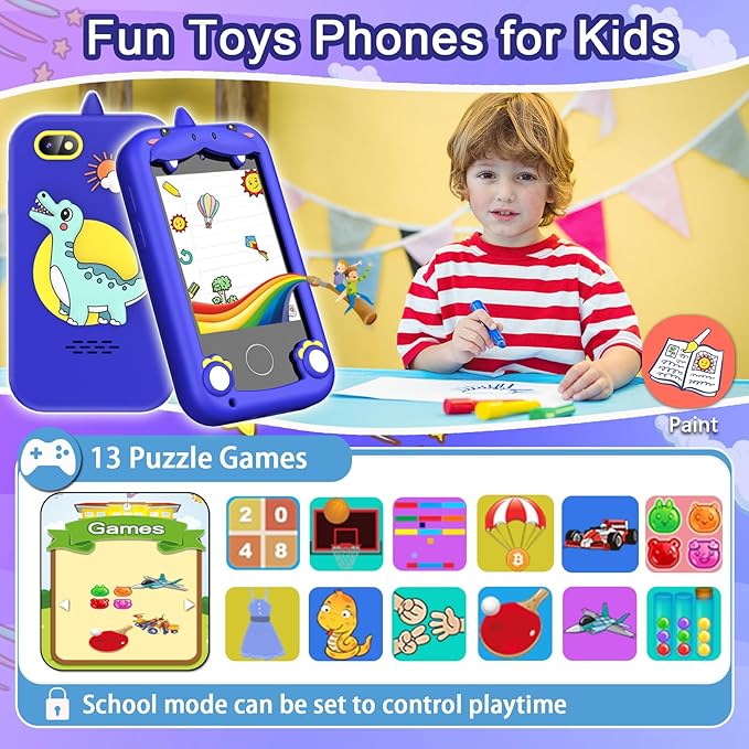 Kids Phone for Boys Girls, Touchscreen Toddler Smartphone Learning Toy, 3-10 Year Old Christmas Birthday Gift, Play Cell Phone With Camera, Games, Music, 8GB Card