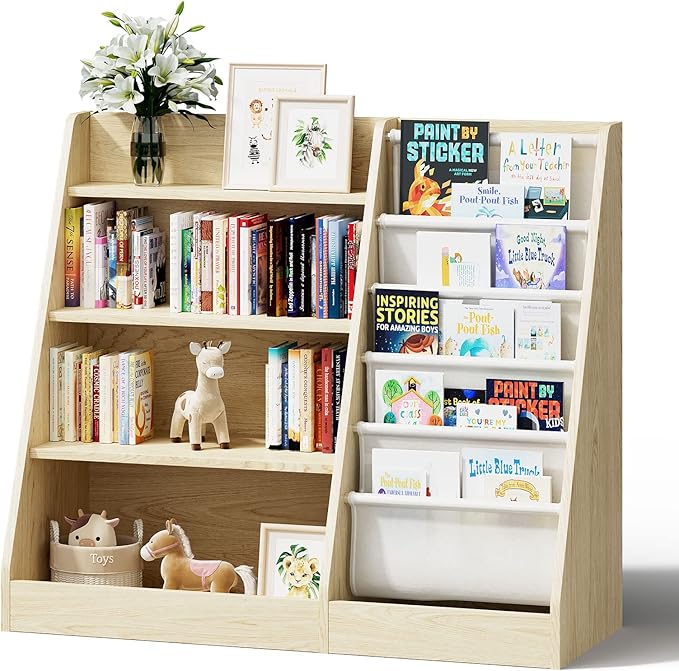 HedoAjim 4 Tier Kids Wooden Bookshelf,Five Layer Sling Children Bookcase,Baby Storage Book Rack,Book and Toy Organizer Cabinet Chest,Book Display Shelf,Playroom Nursery Classroom Library