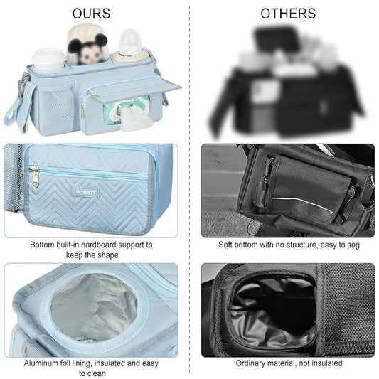 Universal Stroller Organizer with Insulated Cup Holder,Stroller Caddy Bag with Wet Wipes Pocket,Stroller Accessories Fits for Uppababy,Doona,Jogger,Britax,Mompush,BoB Strollers,Blue