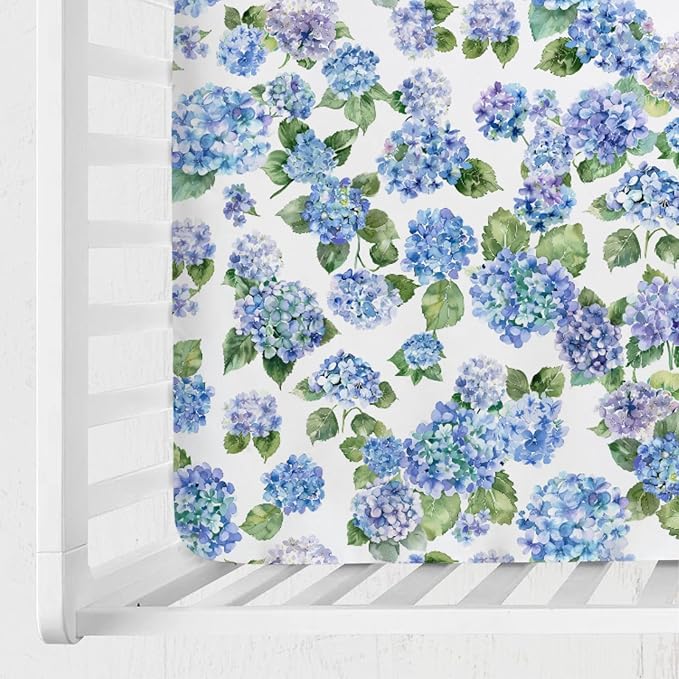 Blue Hydrangea Floral Baby Crib Sheets 52''x28'' Watercolor Flowers Painting Snug Fitted Crib Mattress Cover for Boy Girl Wild Floral Soft Nursery Bed Sheets for Standard Crib and Toddler Mattress
