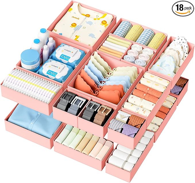 DIMJ Drawer Organizer Clothes - 18 Pack Closet Drawer Organizer Bins for Baby Clothes Storage, Fabric Dresser Organizer for Nursery Bedroom, Foldable Small Drawer Dividers for Underwear Socks