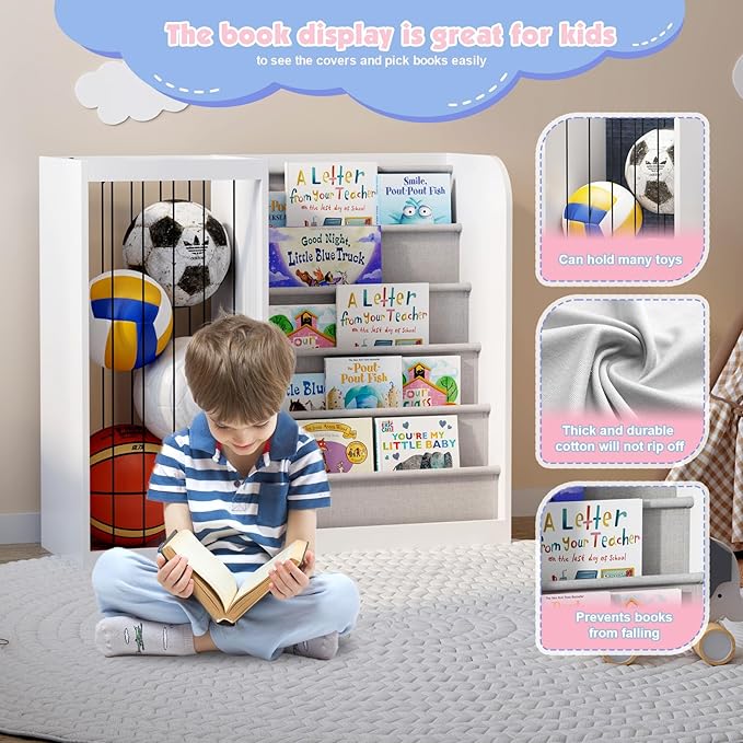 HedoAjim White Kids Bookshelf & Stuffed Animal Net Holder Plush Toy Storage Organizer Child Bookcase Toddler Baby Sling Book Rack for Playroom Bedroom Nursery Infant Boys Girls Classroom