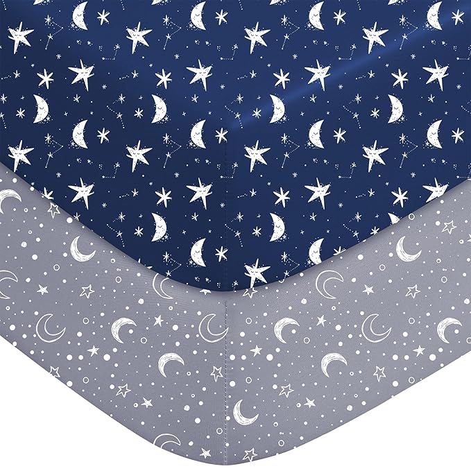Pack and Play Sheets Fitted, Mini Crib Sheets 2-Pack for Pack N Play Mattress, Stretchy Playpen Sheet for Boys Girls, Softness and Breathable, 38" x 26"