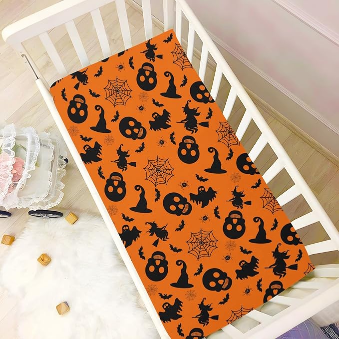 Halloween Orange Bat Ghost Crib Sheets Soft Breathable Fitted Baby Crib Sheets Mattress Cover for Girl Boys, 52" x 28" x 9"