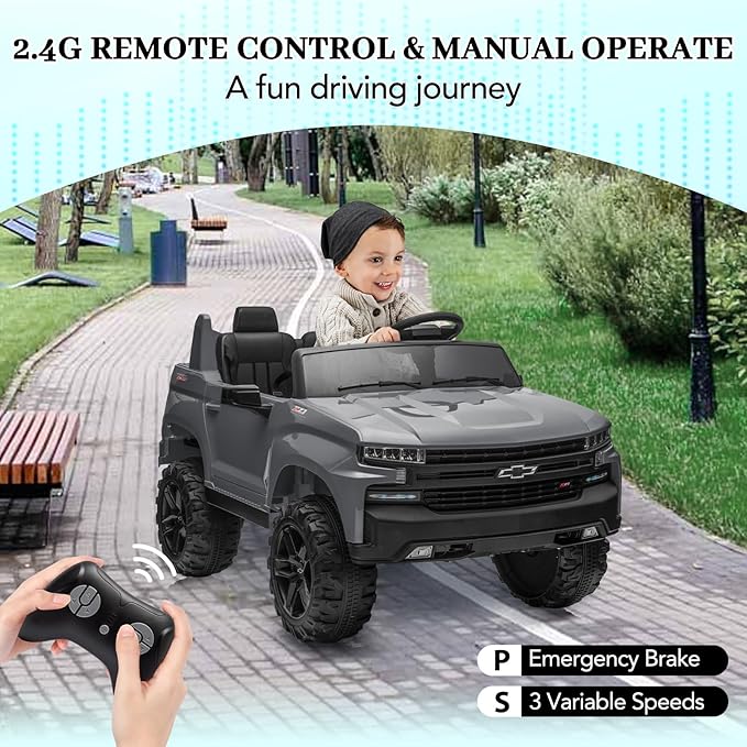 GarveeLife 24V 2-Seater Truck Licensed Chevrolet Silverado Ride On Car Kids Toy, Electric Vehicle Car for Toddlers with Parent Remote Control, Gray
