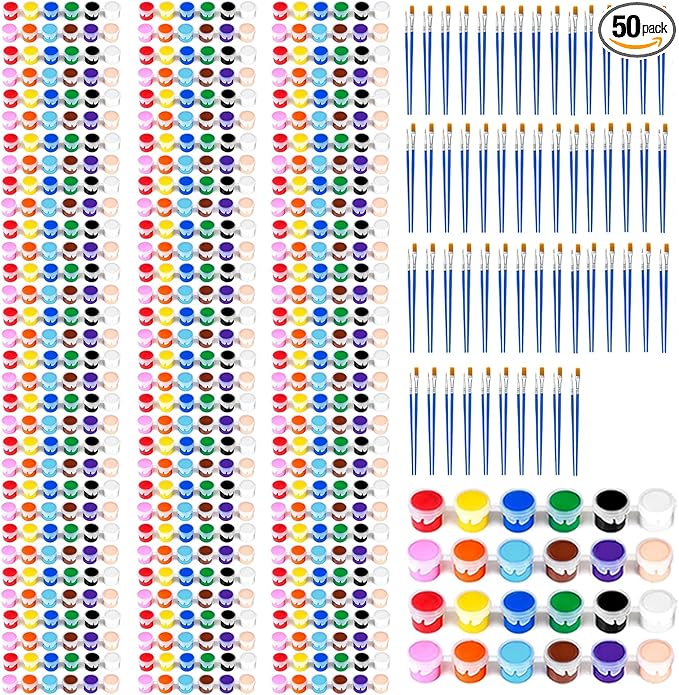 50 Pack Mini Acrylic Paint Set, 12 Colors Washable Paint Strips for Kids & Adults - Includes 100 Brushes, 600 PCS kids Paint Kits for Easter Eggs, Birthday, Classroom Party，school supplies