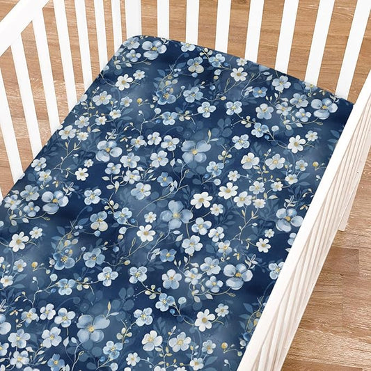 Wonderful Flowers Baby Crib Sheets for Boy Girl 52"x28" Navy White Wild Flowers Leaves Crib Mattress Covers Soft Breathable Boho Spring Garden Baby Sheets for Standard Crib and Toddler Bed Mattress