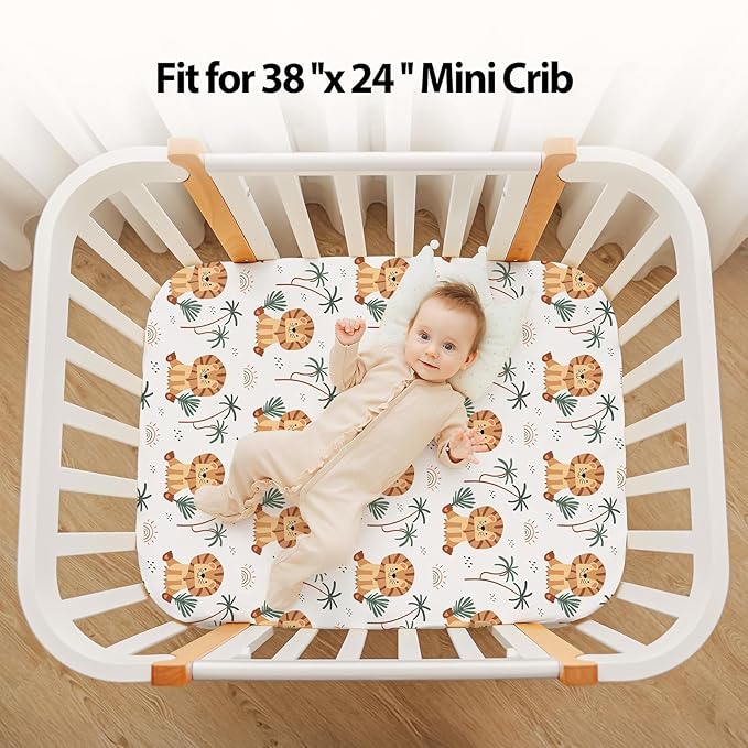 Baby Mini Crib Sheets Boy, Portable 38”x26” Pack and Play Sheets Fitted for Playard and Pack N Play Mattress, 3-Pack Soft Microfiber Brown Lion