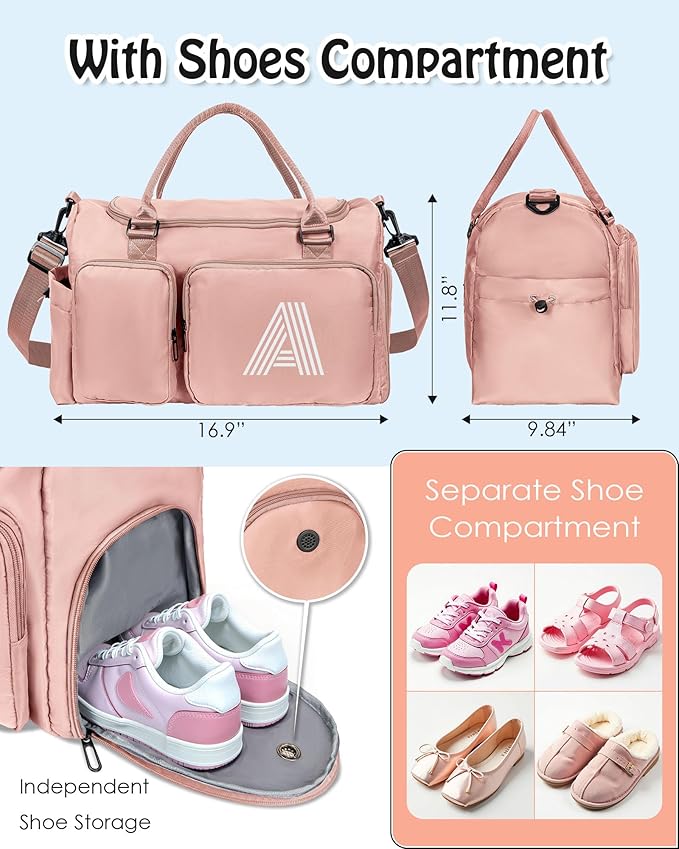 Elilier Duffle Bag Women Girls Gift: Teens Initial Gym Overnight bags, Dance Cheer bag Sports for Girl, Kid Gymnastics Bags, Birthday Gifts for Women Girls Teens