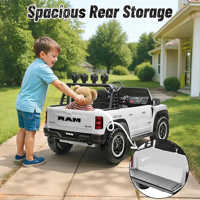 Electric Car for Kids, Licensed Ram 1500 RHO, 24V Ride on Toys for Big Kids, Battery Powered with Parent Remote Control, LED Light/Music/MP3, Back Storage, White, Roll Bar