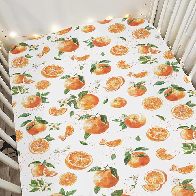 Watercolor Oranges Baby Crib Sheets for Boy Girl 52x28Inch Orange Branches Flowers Leaves Soft Snug Fitted Crib Mattress Cover Summer Citrus Fruit Baby Sheet for Standard Crib & Toddler Bed Mattress