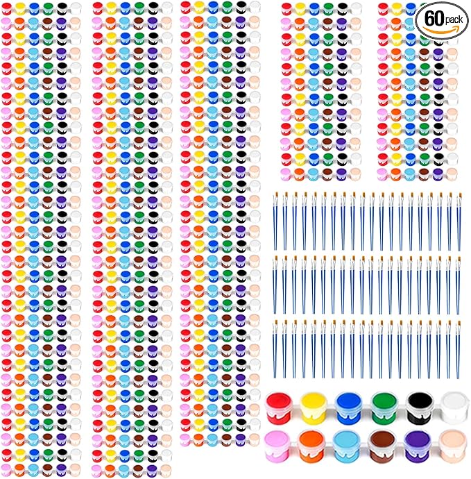 60 Pack Mini Acrylic Paint Set, 12 Colors Washable Paint Strips for Classroom Party - Includes 120 Brushes, 720 PCS kids Paint Kits for Easter Eggs, Birthday, school supplies