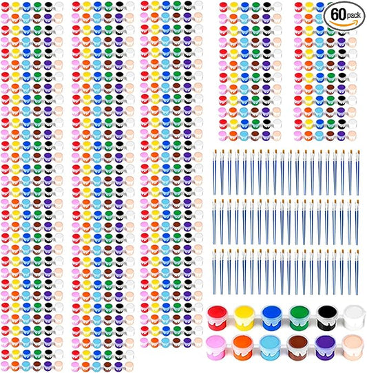 60 Pack Mini Acrylic Paint Set, 12 Colors Washable Paint Strips for Classroom Party - Includes 120 Brushes, 720 PCS kids Paint Kits for Easter Eggs, Birthday, school supplies