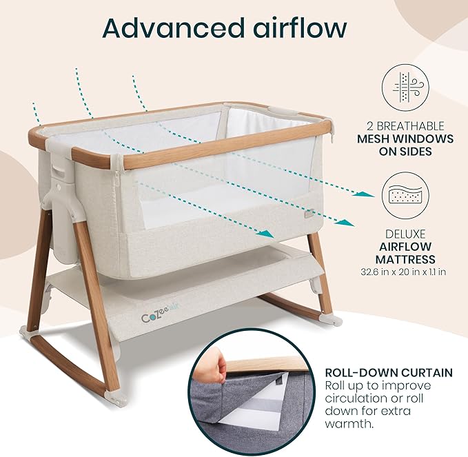 Tutti Bambini CoZee® Air Baby Bassinet & Bedside Sleeper - Rocking Bassinet for Baby, Fast-Folding with Travel Bag, Deluxe Airflow Mattress & 6 Mattress Heights, 0-6 Months (Walnut & Ecru)