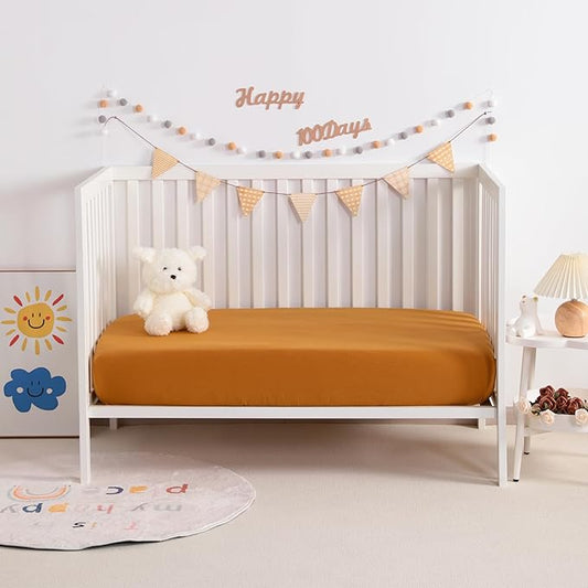 NTBAY 2 Pack Muslin Cotton Mini Crib Sheets, Soft and Breathable Double Layer 24x38 Baby Crib Sheets for Mini Crib and Toddler Mattresses, Boys, Girls, Unisex, Golden Brown, 24x38 Inches