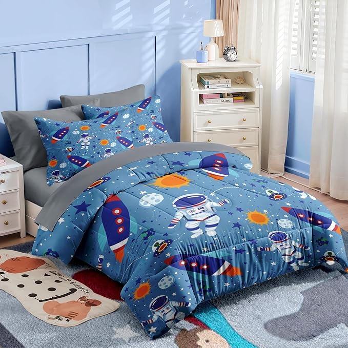 Nesker Comforter Set Toddler Size, Space Moon Astronaut 4 Pcs Bedding for Kids Teens, Science Galaxy Bed Sheet with Pillowcase & Sham