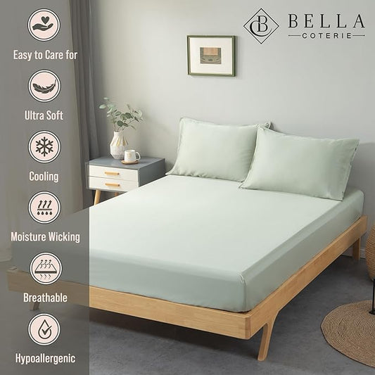 Bella Coterie Luxury Bamboo Viscose Queen Size Fitted Sheet | 100% Organically Grown | Ultra Soft | Cooling for Hot Sleepers | 18" Deep Pocket [Sea Glass]