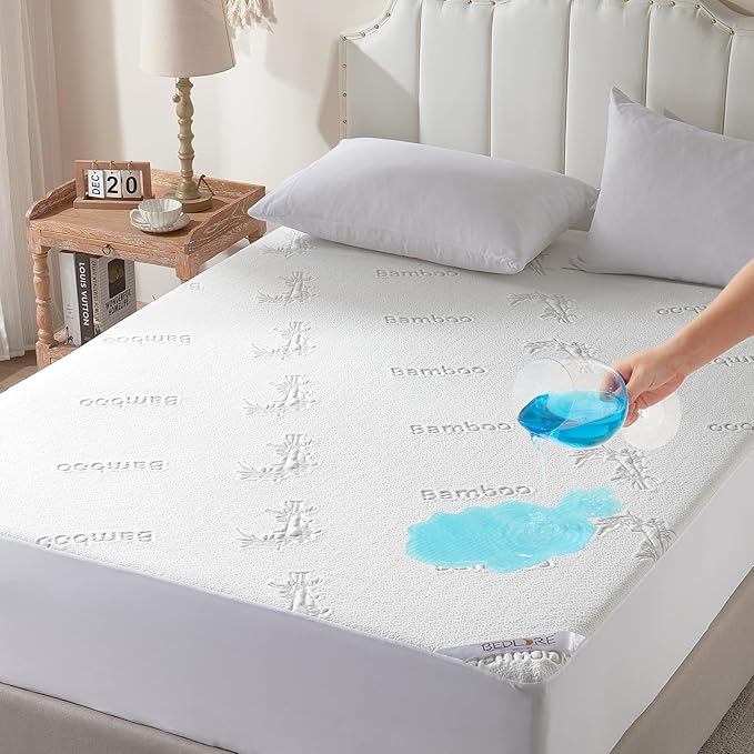BEDLORE California King Size Waterproof Mattress Protector Viscose Derived from Bamboo, Soft Mattress Cover Fitted with Deep Pocket 6"-18", Breathable Noiseless Mattress Pad, Machine Washable(White)