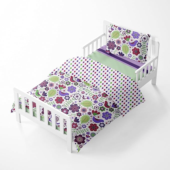 Bacati - Botanical Sanctuary Purple 4 Piece Cotton Girls Toddler Bedding Set 100 Percent Cotton Includes Reversible Comforter, Fitted Sheet, Top Sheet, and Pillow Case for Girls