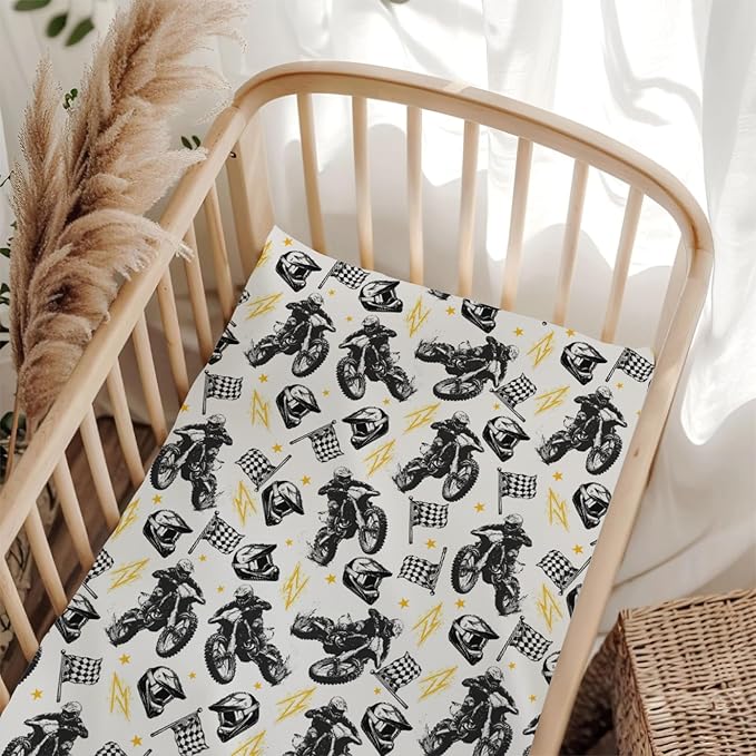 Watercolor Motorcross Bike Helmets Black Baby Crib Sheet for Boys & Girls 52x28Inch Race Motor Checkered Flag Baby Sheet for Standard Crib and Toddler Race Bed Sheet Motor One Size
