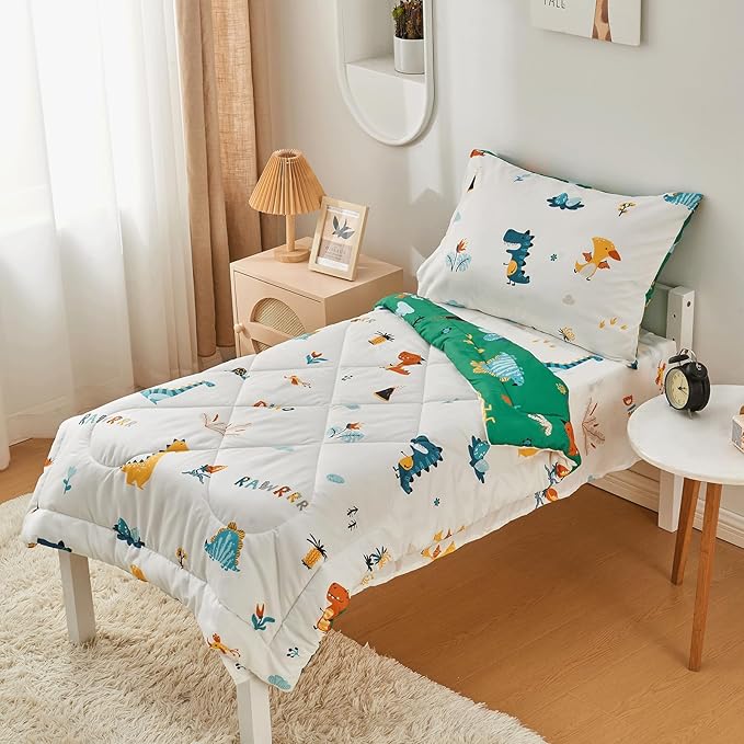 beeweed 4 Pieces Dinosaur Toddler Bedding Set Boys Girls, 2 Sides Design Bed in a Bag Comforter Set, Includes 1 Comforter, 1 Fitted Sheet, 1 Flat Sheet and 1 Reversible Pillowcase