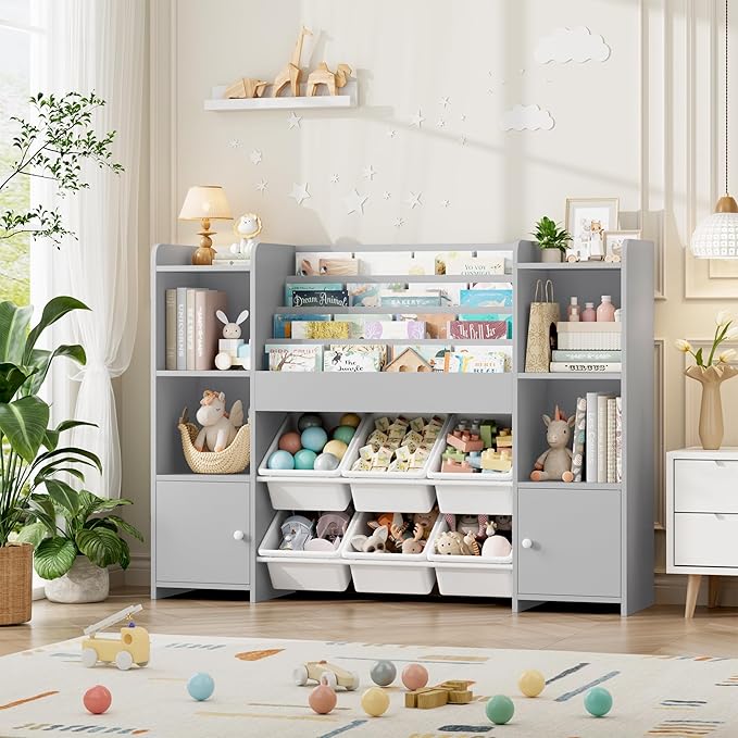 FINETONES Toy Storage Organizer with 6 Toy Bins, Toy Organizer Kids Bookshelf with 6 Cubbies, Toy Organizers and Storage Bins Playroom Storage for Kids Room, Grey