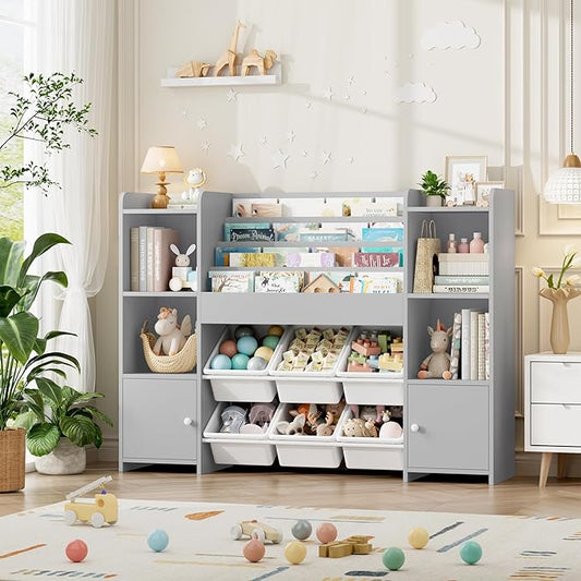 FINETONES Toy Storage Organizer with 6 Toy Bins, Toy Organizer Kids Bookshelf with 6 Cubbies, Toy Organizers and Storage Bins Playroom Storage for Kids Room, Grey
