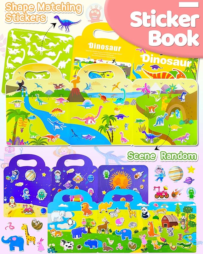 Benresive Reusable Sticker Books for Toddlers, 3 Sets Travel Stickers for Kids, Toddler Sticker Book, Crafts Activities for Toddlers, 3 and Up Birthday Gifts Travel Toys