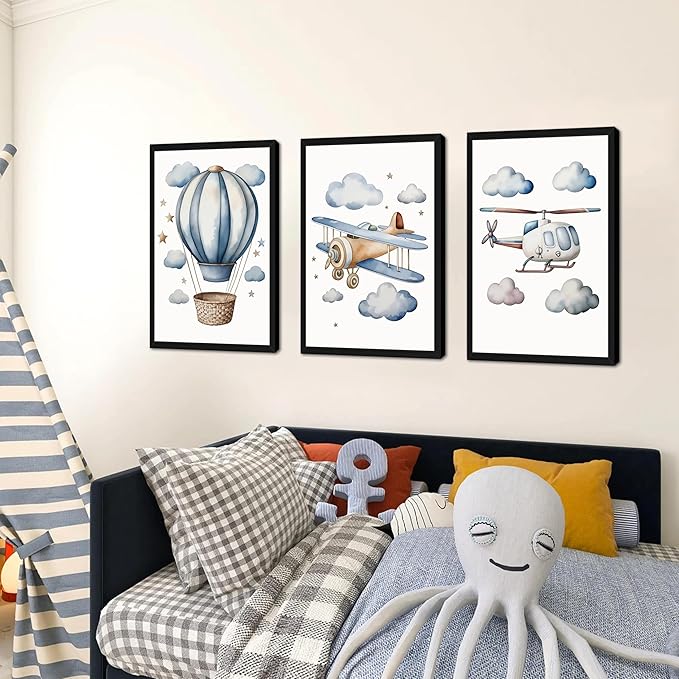 Baby Boy Nursery Wall Art Set of 3, Vintage Blue Travel Boys Room Wall Decor Paintings, Toddler Hot Air Balloon Plane Helicopter Posters Prints Pictures for Kids Room Bedroom 12x16 Inch Wood Framed