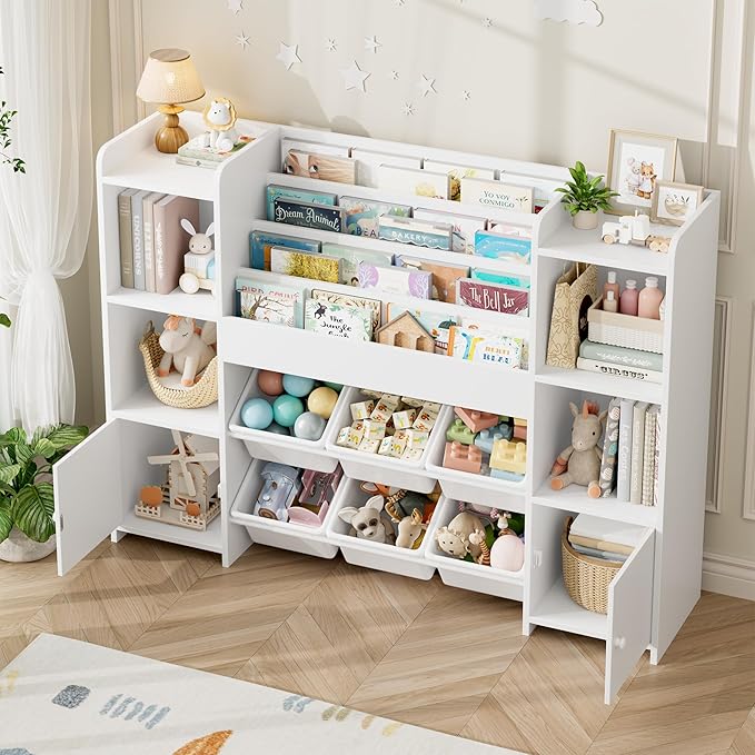 FINETONES Toy Storage Organizer with 6 Toy Bins, Toy Organizer Kids Bookshelf with 6 Cubbies, Toy Organizers and Storage Bins Playroom Storage for Kids Room, White