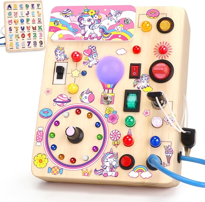 Busy Board for Toddlers - Montessori Educational Toy for 1-3 Year Old Boys & Girls | Travel-Friendly Sensory Learning Activity | Ideal for Kids with Autism(Unicorn Busy Board)