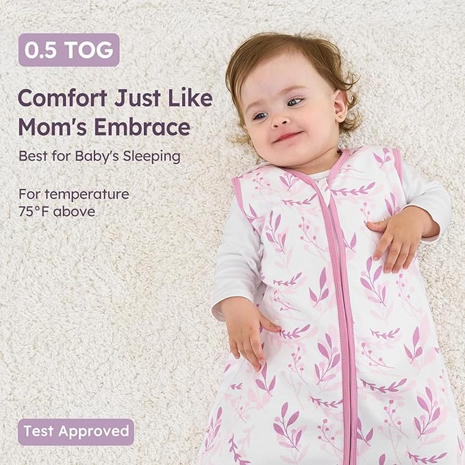 Baby Sleep Sack 12-18 Months 3 Pack 100% Cotton Lightweight 0.5 TOG Wearable Blanket Baby Sleep Bag with 2-Way Zipper for Newborn Infant Purple Leaf