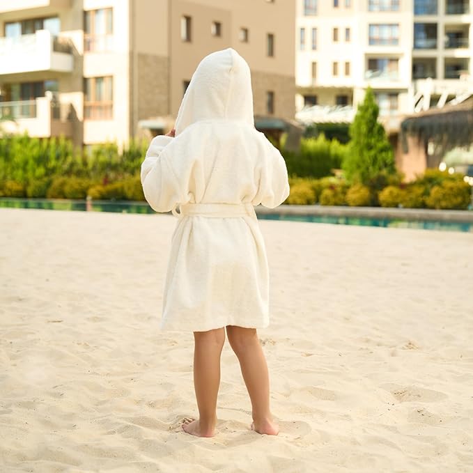 BAGNO MILANO Kids Organic Turkish Cotton Hooded Beach Cover-Up Towel, GOTS Certified, for Boys and Girls (Cream, 7-8 Years)