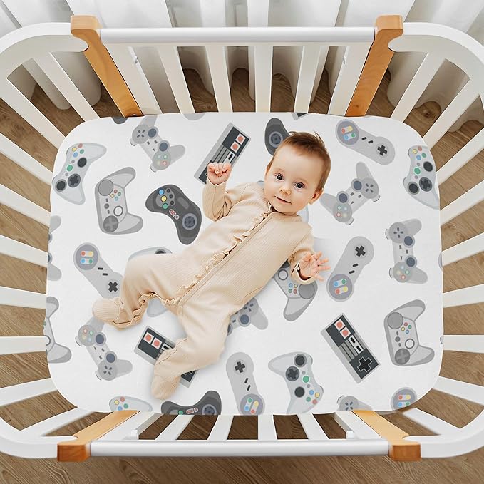 Retro Joysticks Video Game Crib Sheets Soft Breathable Fitted Baby Crib Sheets Mattress Cover for Girl Boys, 52" x 28" x 9"