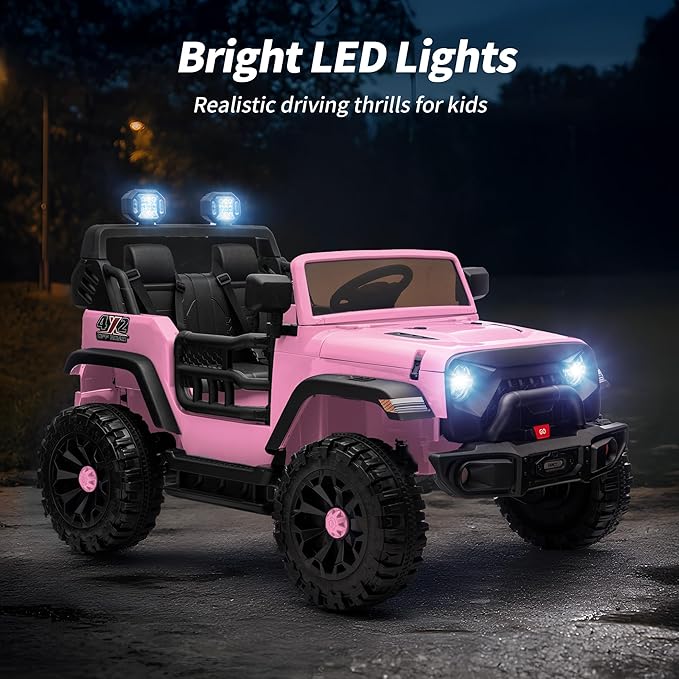 2 Seater Ride on Car Toy, 12V Electric Car for Kids 4-8 with Remote Control, Capacity 150 lb, LED Light - Light Pink