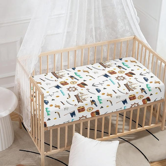 Watercolor Pirate Ship Fitted Crib Sheet for Boys Girls Map Anchor Flag Helm Telescope Baby Sheet for Standard Crib and Toddler Nursery Bed Mattress Sheets 28"x52"