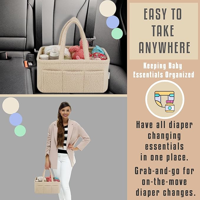 YelloIris Baby Diaper Caddy Organizer – Soft Beige Sherpa with 3 Removable Compartments & 6 Side Pockets – Perfect Nursery Storage Bin & Car Organizer for Diapers, Baby Wipes, and Essential Supplies.