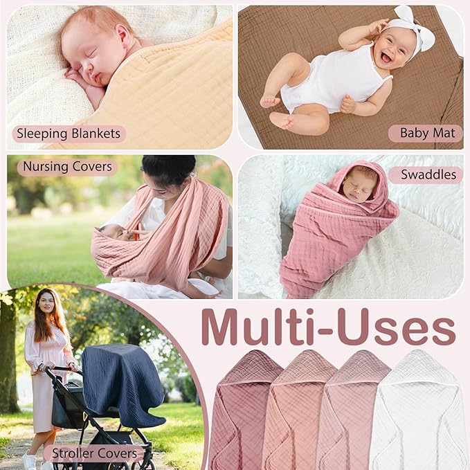 Peryiter 4 Pcs Muslin Hooded Baby Towels, 32x 32'' Cotton Newborn Bath Towel Muslin Infant Baby Blankets Absorbent Unisex Christmas Registry Gift Essentials for Girls Boys (Light Pink)