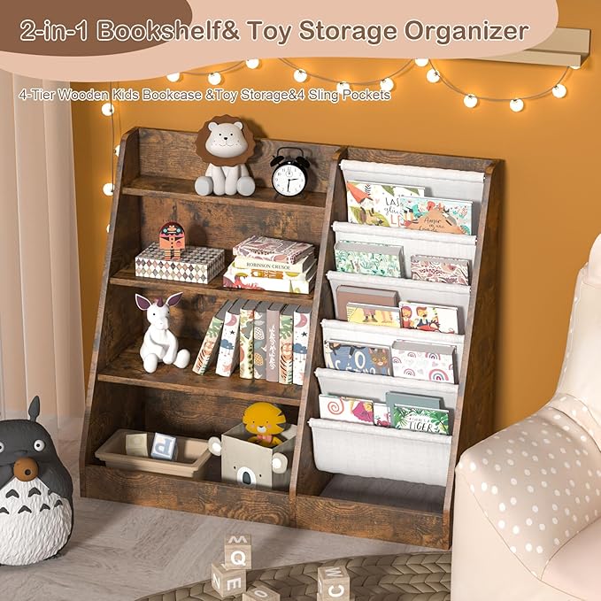 HedoAjim Kids Bookshelf for Bedroom Toddler Children Baby Bookcase 4-Tier for Nursery Book Toy Storage Organizer 5 Sling Book Display Shelf Book Rack Wood Classroom Playroom Rustic Brown