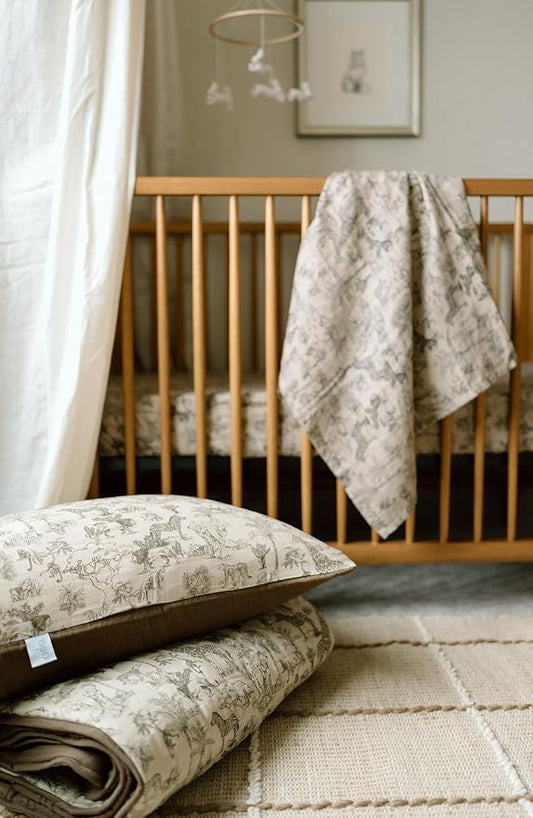 Oilo 100% Organic Premium Cotton Muslin Crib Quilt & Sham Set, (45" x 60") Print and Solid Sides, Extra-Soft & Lightweight, Fits Toddler Beds, Heirloom Organic Collection, Vintage Safari