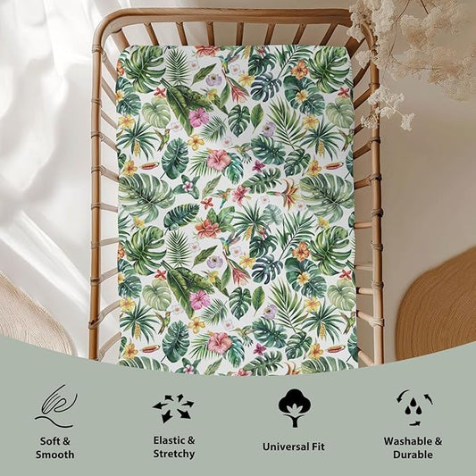 Tropical Flower Leaves Hummingbirds Baby Crib Sheets for Boy Girl 52"x28" Greenery Tropical Jungle Soft Snug Fitted Crib Mattress Cover Boho Summer Baby Sheet for Standard Crib & Toddler Bed Mattress