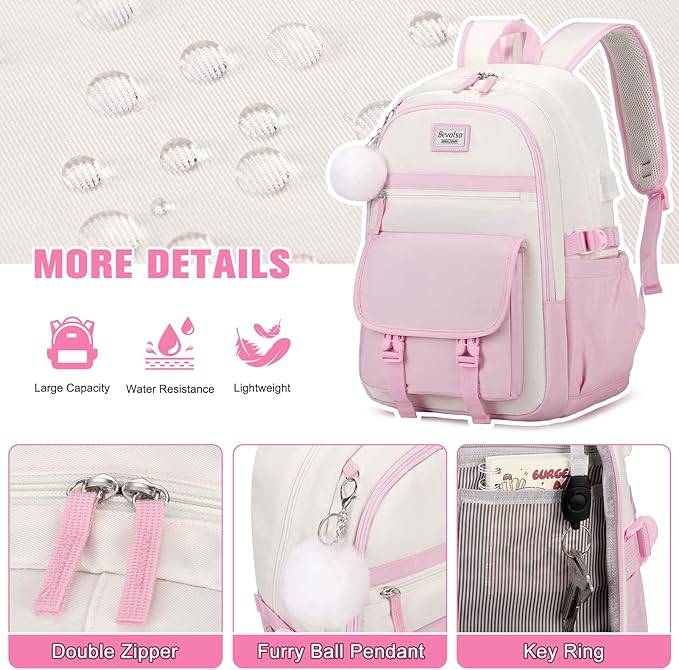 Bevalsa Backpack for Girls, School Backpacks for Girls, Kids Backpack with Lunch Box & Pencil Pouch for Teens Girl Kids Elementary Middle High School College Student Bookbag Daypack (Pink Beige)