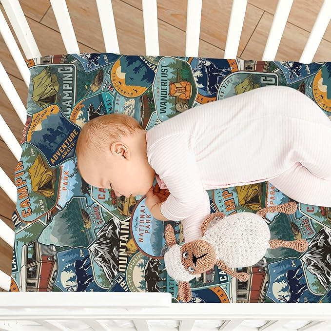 Fitted Crib Sheets for Baby Boys or Girls Soft Breathable Baby Play Yard Sheet for Standard Size Crib Mattress 52x28in Camping National Park Colorful Labels Emblems (2)