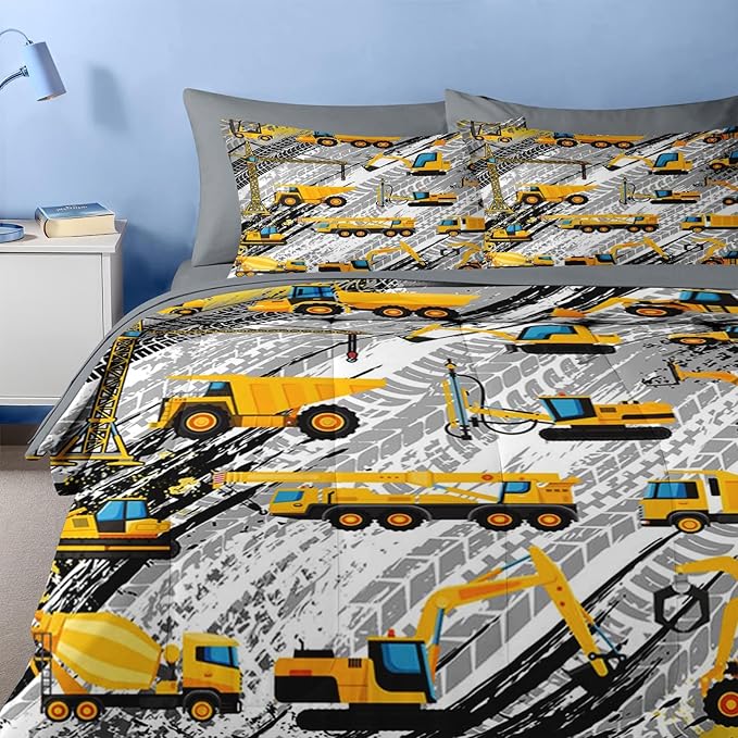 Nesker 4 Pcs Comforter Set Toddler Size, Cartoon Yellow Vehicle Bedding for Kids Teen, Trucks Construction Bed Sheet with Pillowcase & Sham