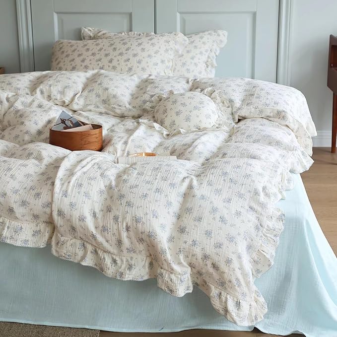 BuLuTu Cottage Chic Ruffled Duvet Cover Full, Blue Floral Quilt Cover 79"x90", 1 PC, Soft Muslin Cotton Comforter Cover Farmhouse Bedding Duvet Cover, No Comforter Insert/Pillowcase