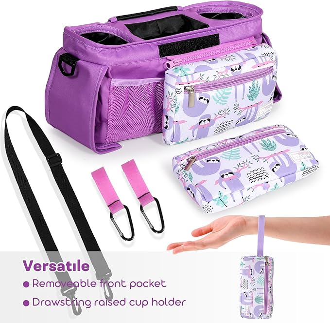 Universal Stroller Organizer with Insulated Cup Holders and Detachable Phone Bag,Stroller Caddy Fits for Stroller Accessories like Uppababy, Baby Jogger, Doona, Nuna Stroller (Purple Sloth)